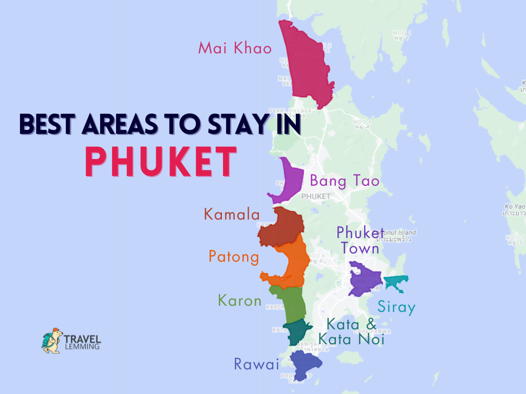 A graphic map that shows the areas in Phuket, Thailand