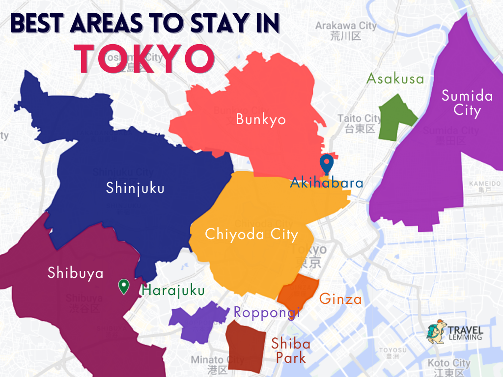 A graphic map that shows the best areas to stay in Tokyo