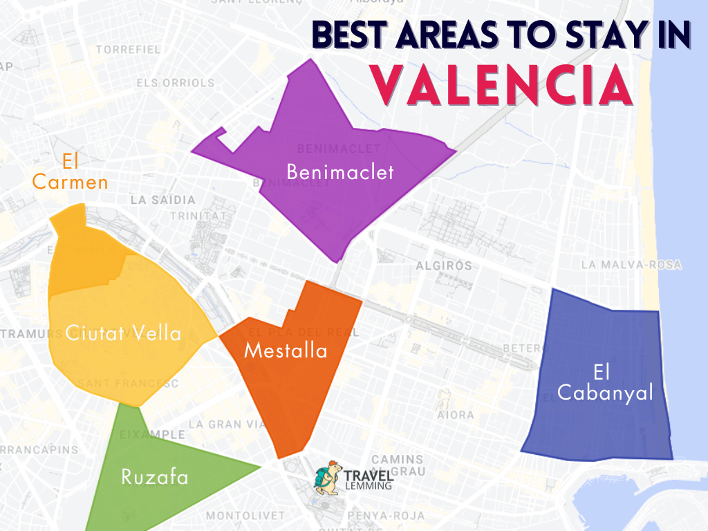 A graphic map that shows the best areas to stay in Valencia