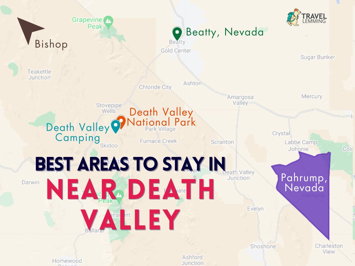 A graphic map that shows the best areas to stay in near Death Valley