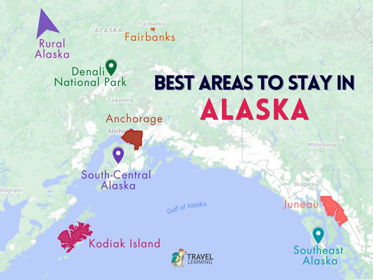 A graphic map that shows the best areas to stay in Alaska