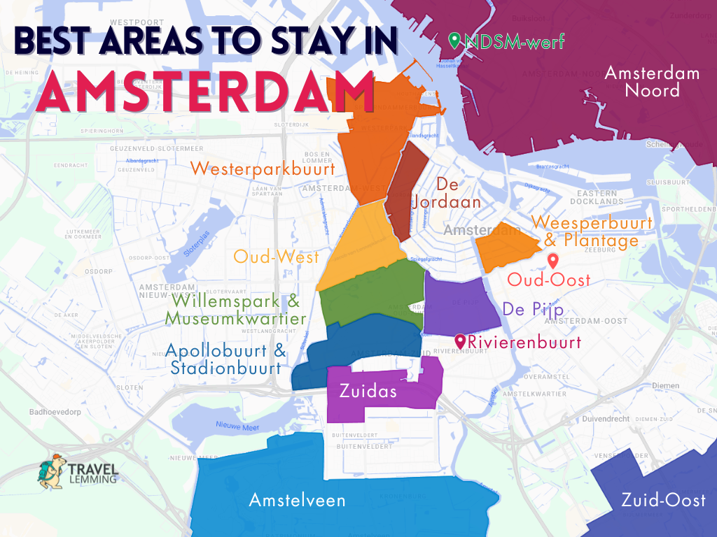 A graphic map that shows the best areas to stay in Amsterdam