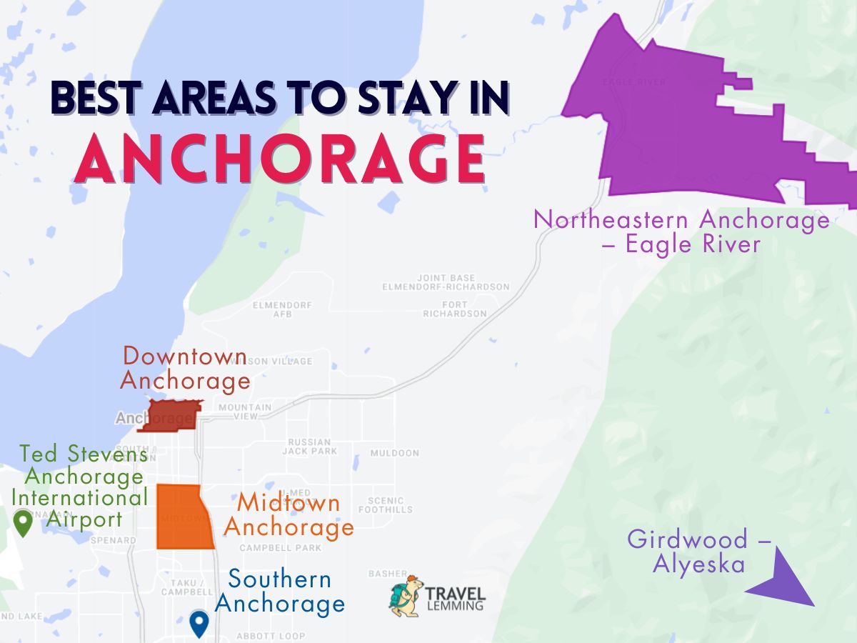 A graphic map that shows the best areas to stay in Anchorage