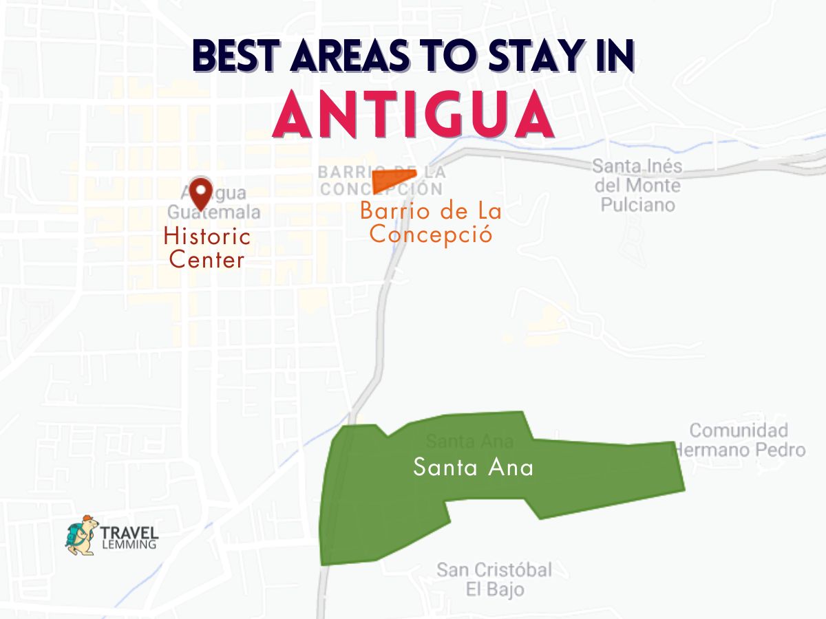 A graphic map that shows the best areas to stay in Antigua
