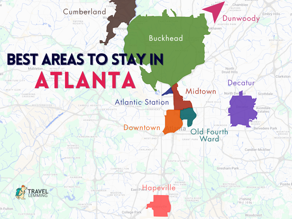 A graphic map that shows the best areas to stay in Atlanta