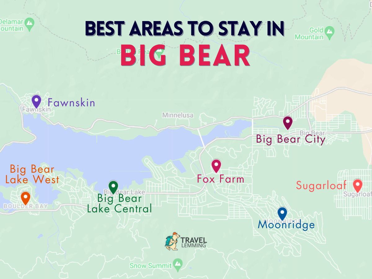 A graphic map that shows the best areas to stay in Big Bear