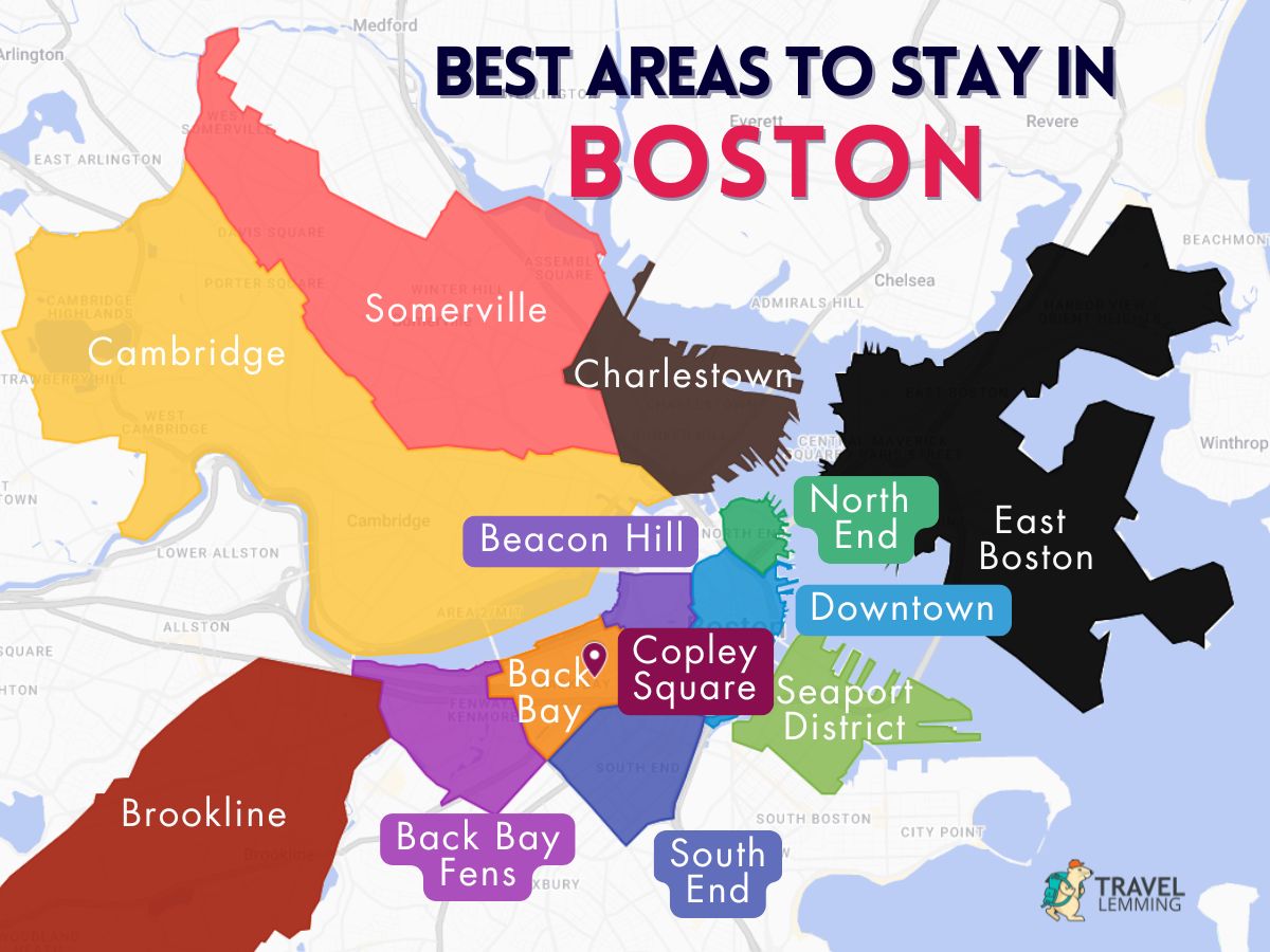 A graphic map that shows the best areas to stay in Boston