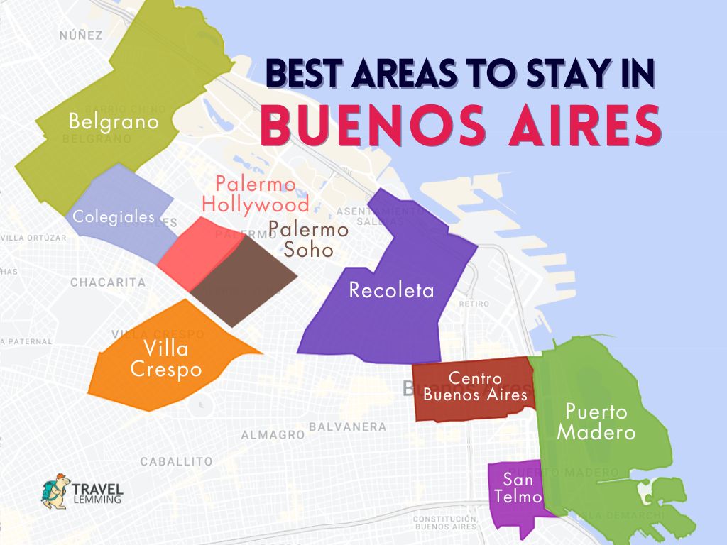 A graphic map that shows the best areas to stay in Buenos Aires