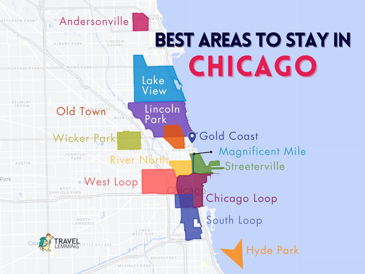 A graphic map that shows the best areas to stay in Chicago