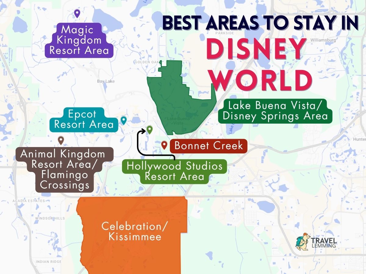 A graphic map that shows the best areas to stay in Disney World