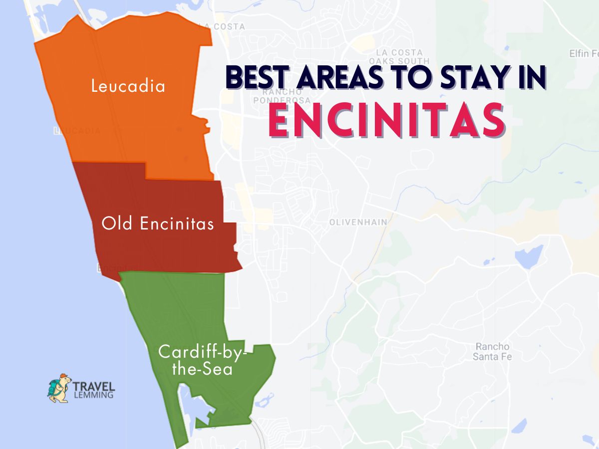 A graphic map that shows the best areas to stay in Encinitas