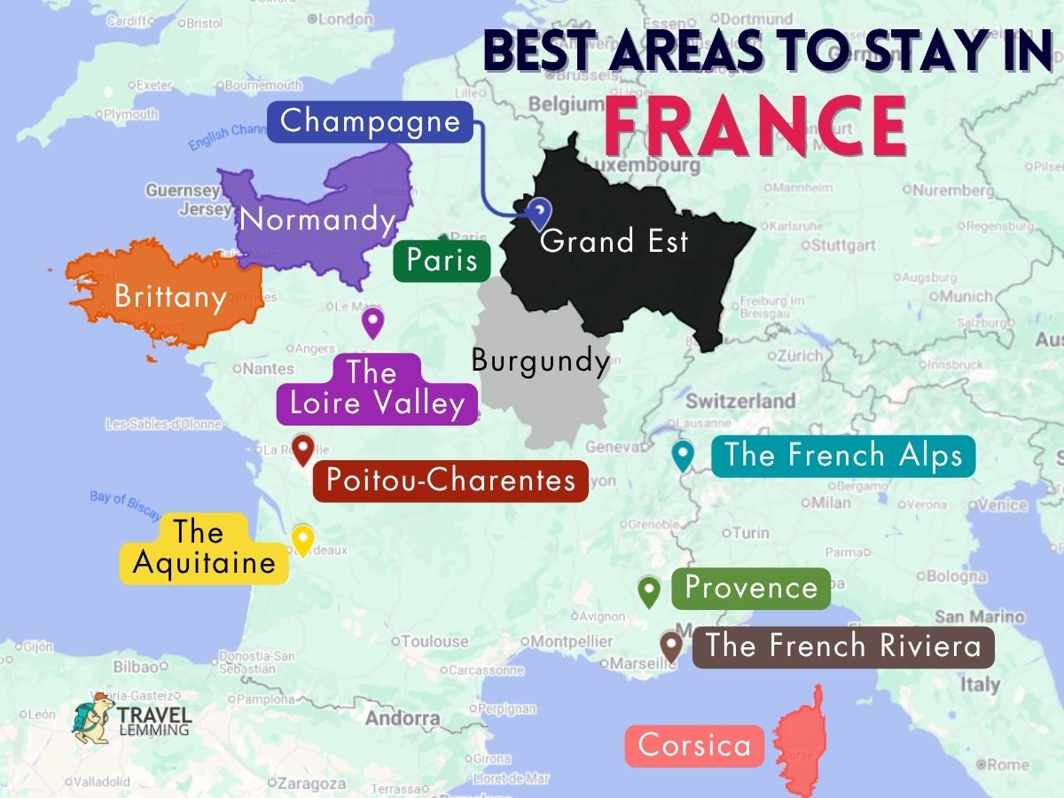 A graphic map that shows the best areas to stay in France
