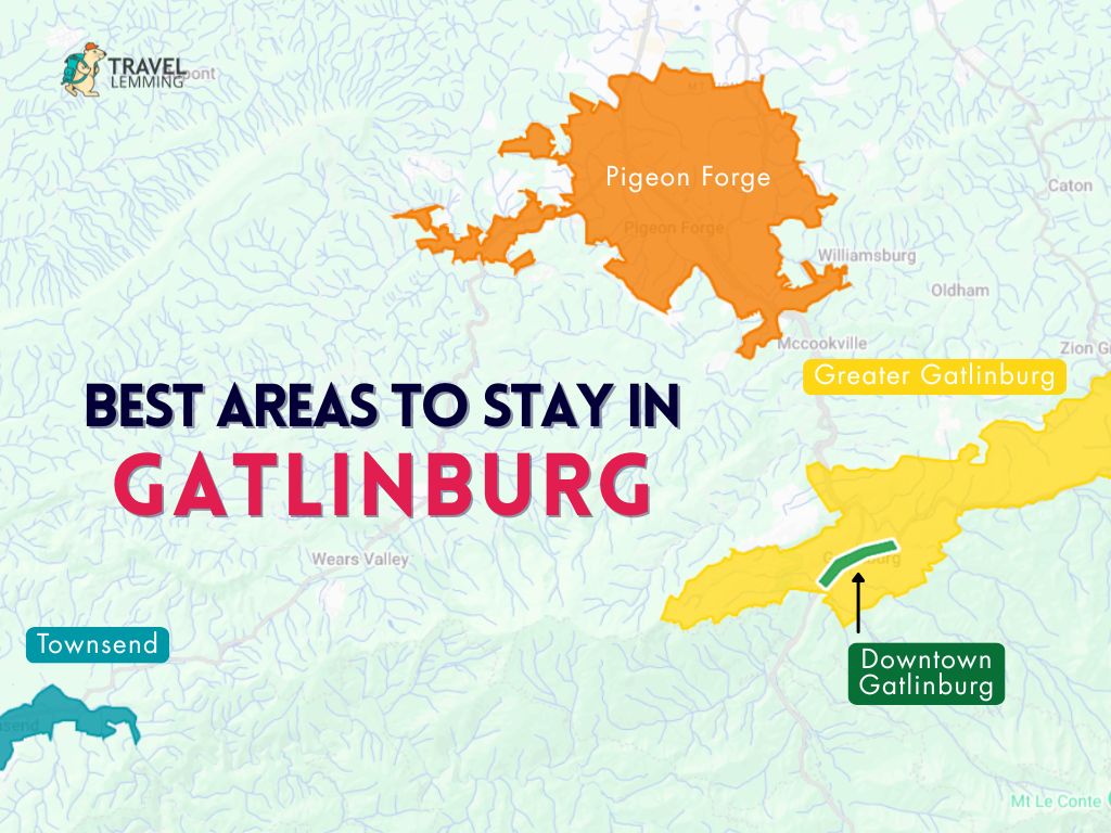 A graphic map that shows the best areas to stay in Gatlinburg