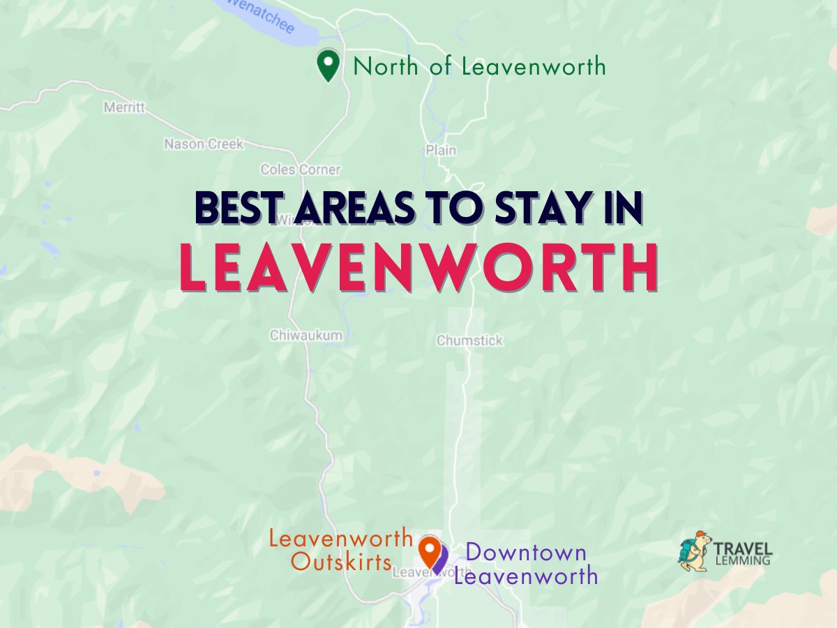 A graphic map that shows the best areas to stay in Leavenworth