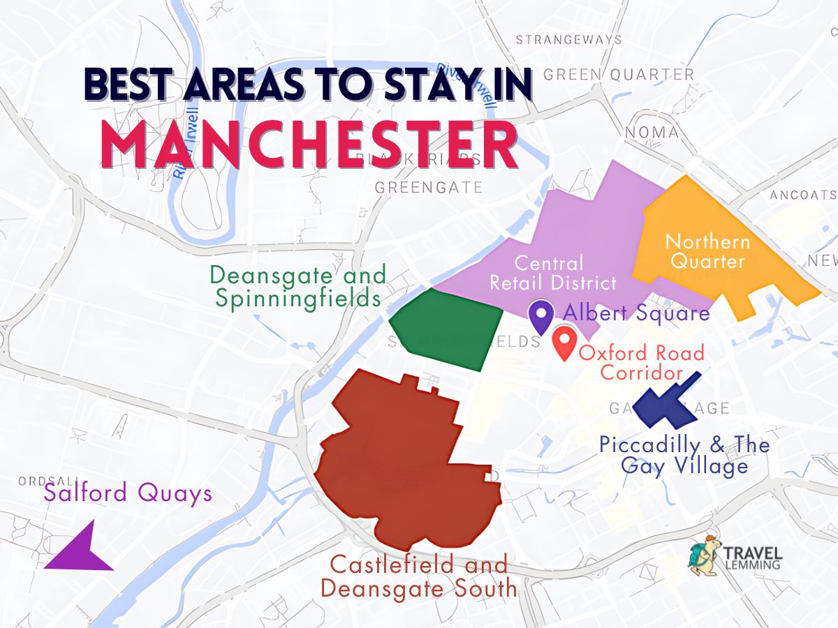 A graphic map that shows the best areas to stay in Manchester