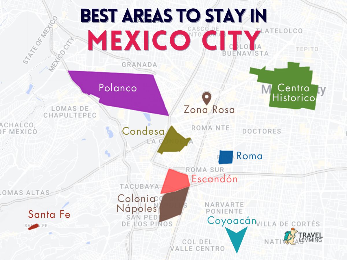 A graphic map that shows the best areas to stay in Mexico City