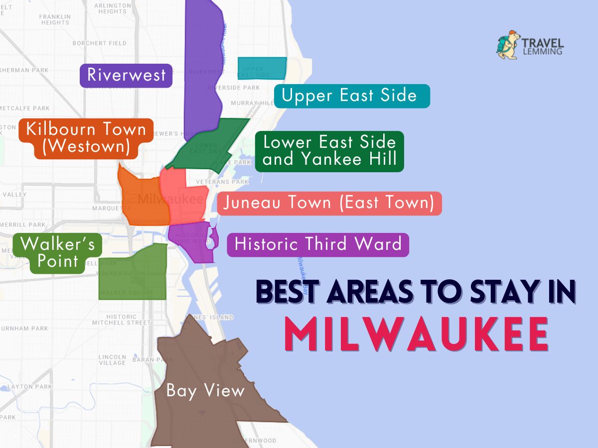 A graphic map that shows the best areas to stay in Milwaukee