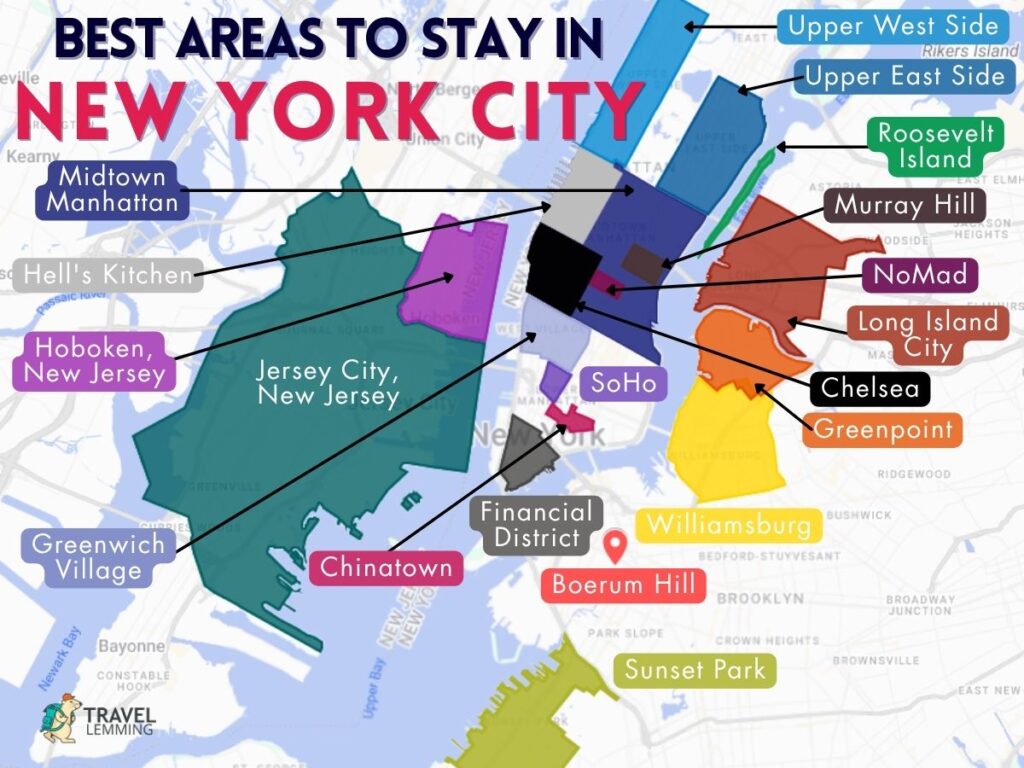 A graphic map that shows the best areas to stay in New York City