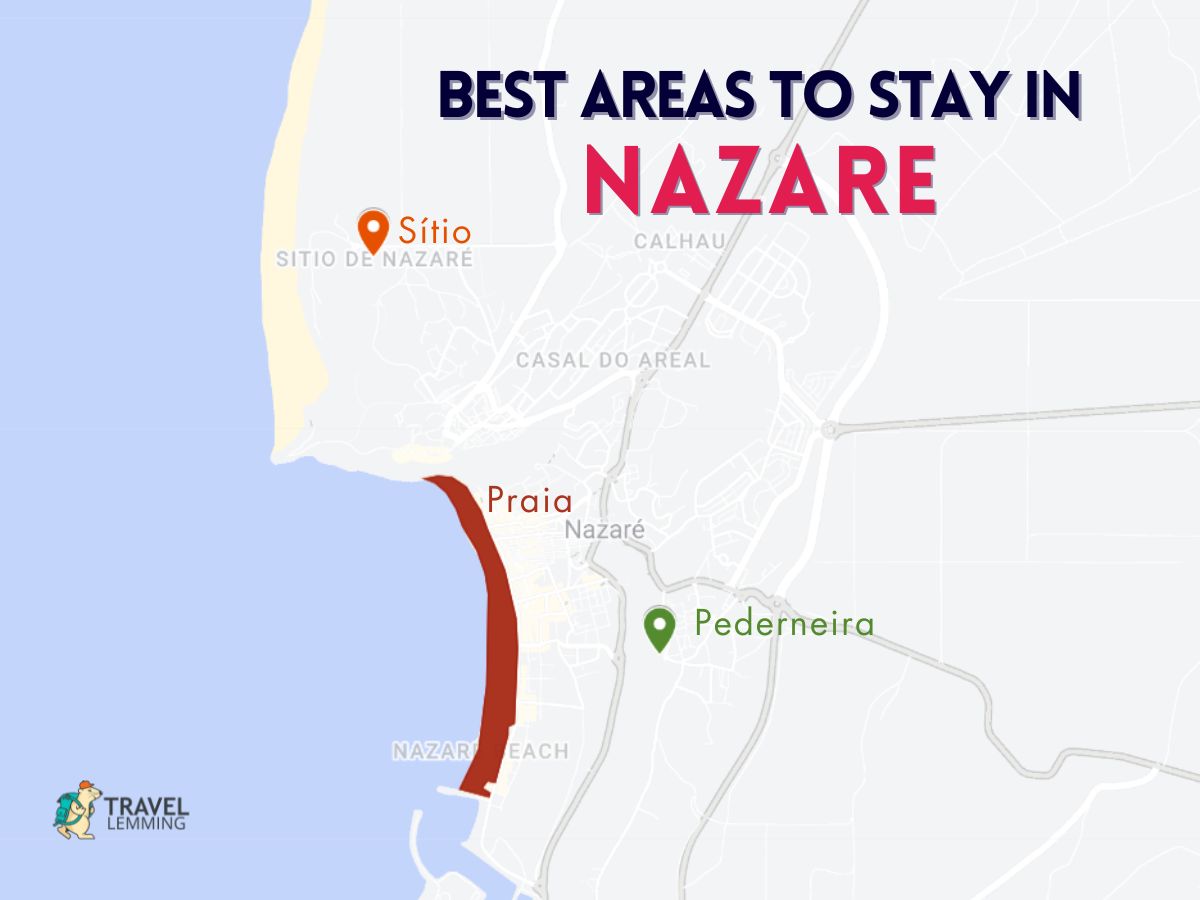A graphic map that shows the best areas to stay in Nazare