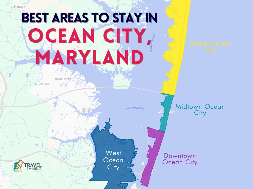 A graphic map that shows the best areas to stay in Ocean City, Maryland
