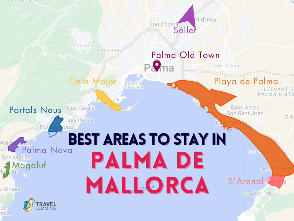 A graphic map that shows the best areas to stay in Palma de Mallorca