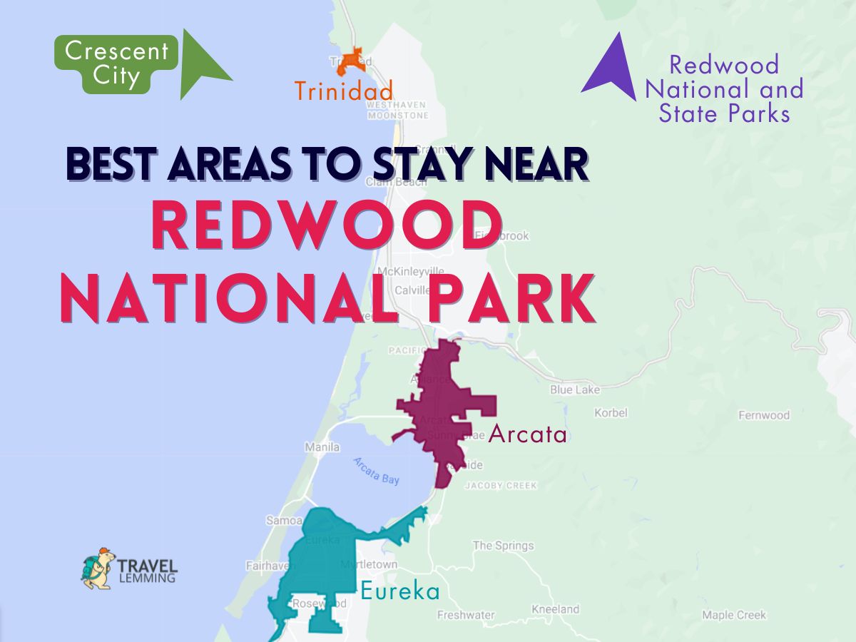 A graphic map that shows the best areas to stay near Redwood National Park
