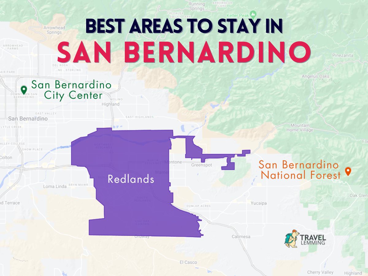 A graphic map that shows the best areas to stay in San Bernardino