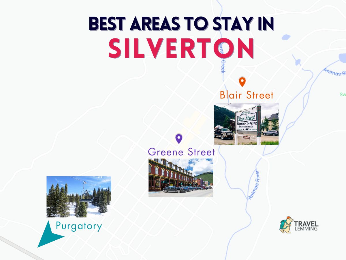 A graphic map that shows the best areas to stay in Silverton