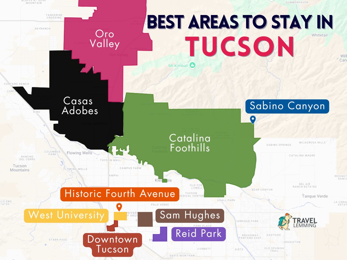 A graphic map that shows the best areas to stay in Tucson
