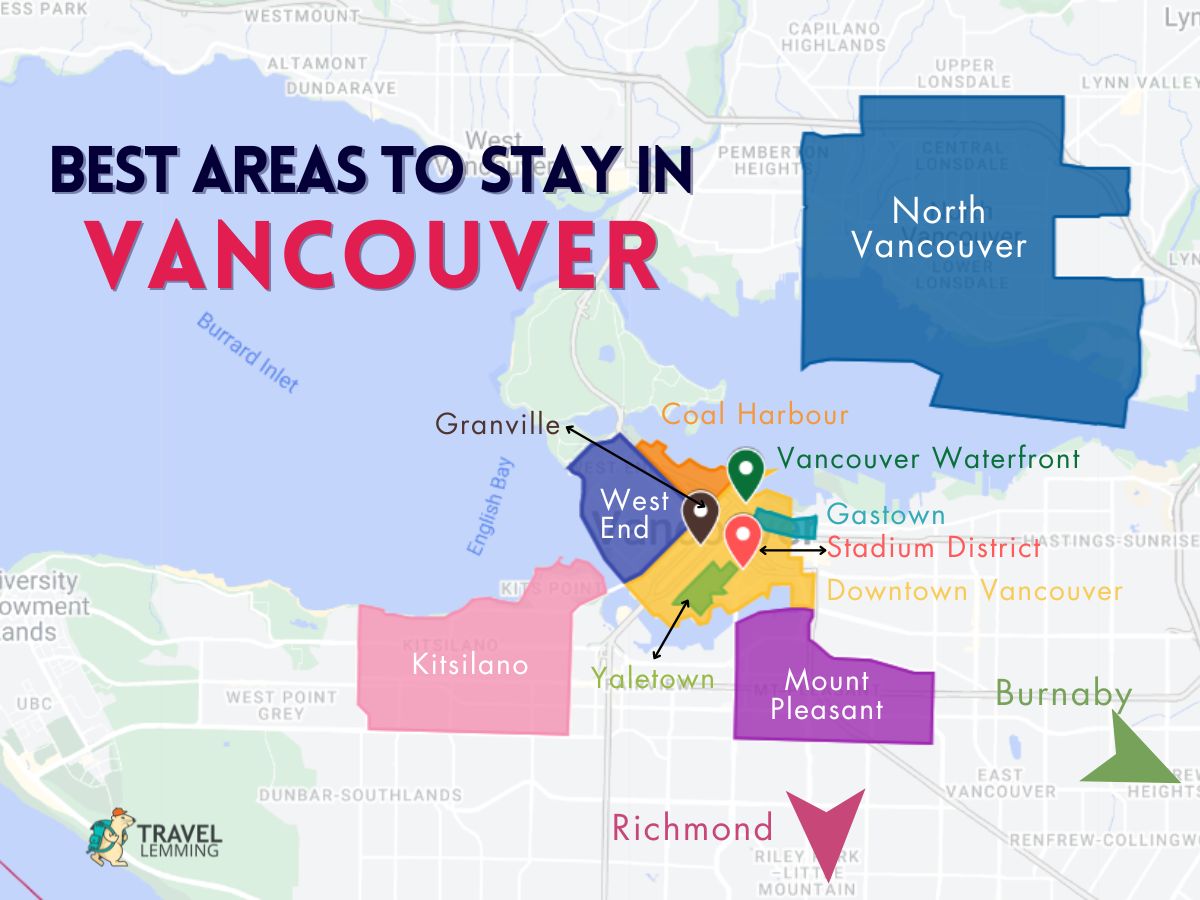 A graphic map that shows the best areas to stay in Vancouver