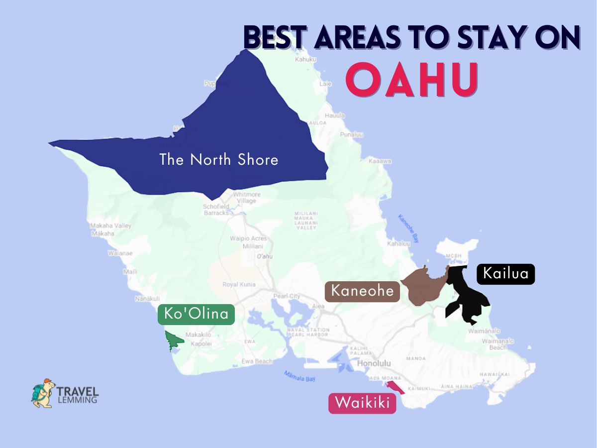 A graphic map that shows the best areas to stay in Oahu