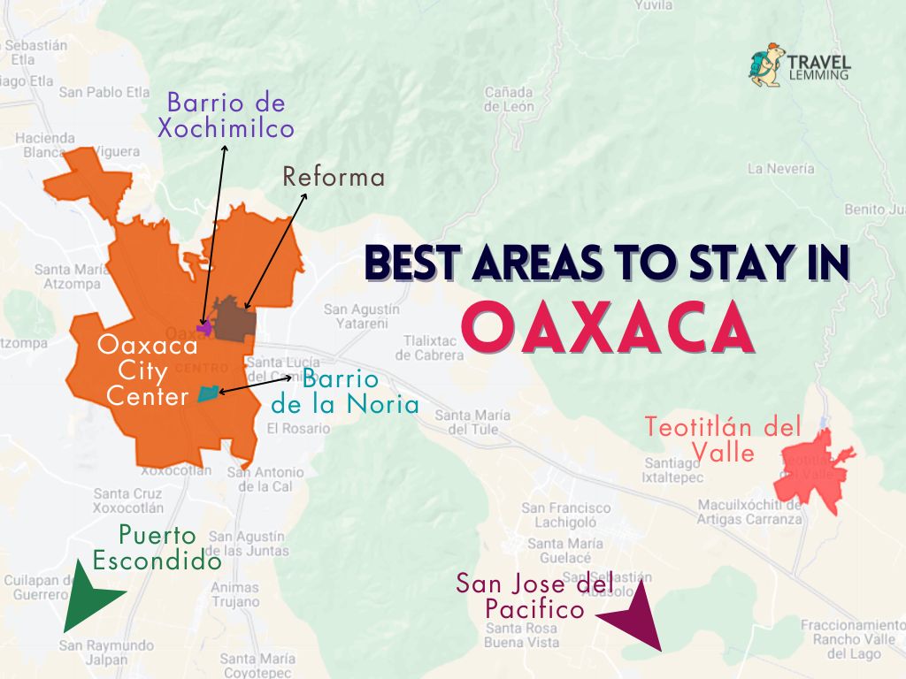 A graphic map that shows the best areas to stay in Oaxaca