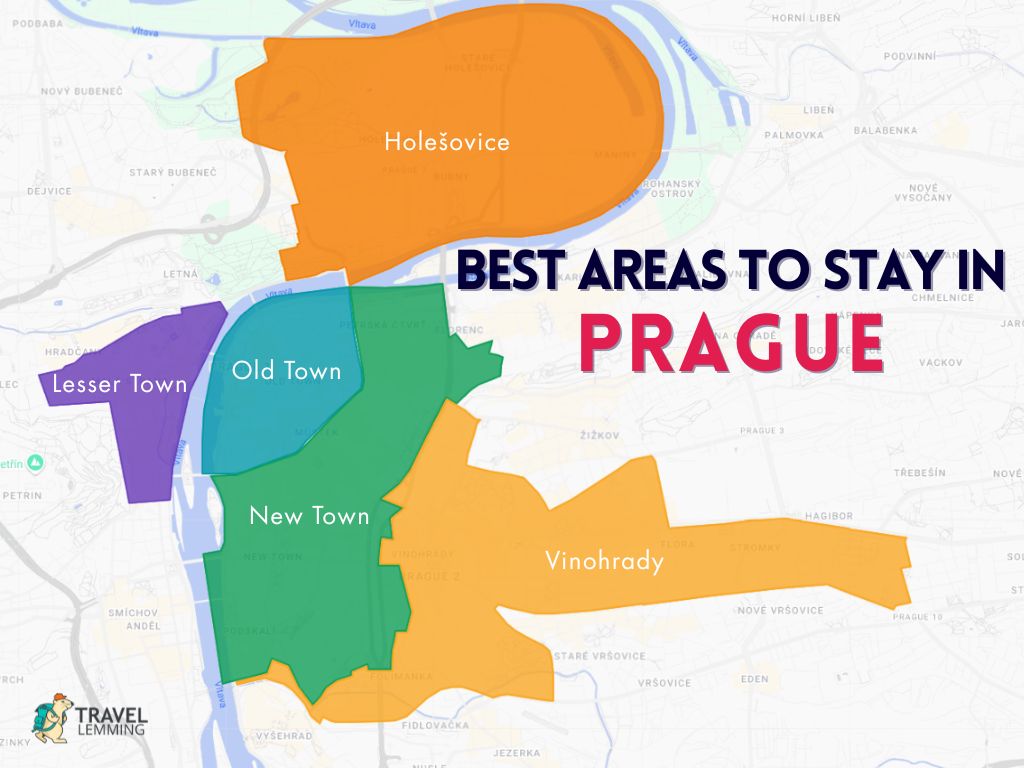 A graphic map that shows the best areas to stay in Prague