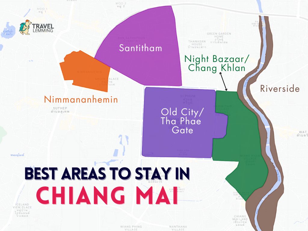A graphic map that shows the best areas to stay in Chiang Mai