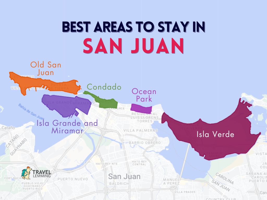 A graphic map that shows the best areas to stay in San Juan