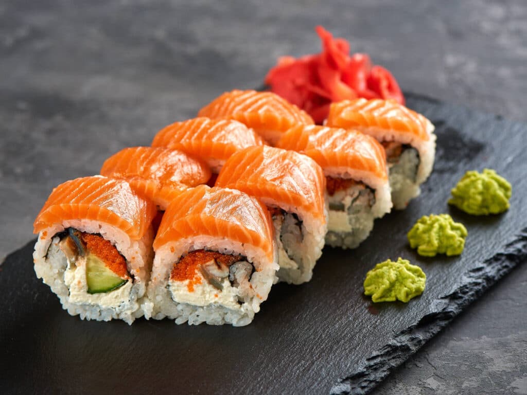 Fresh sushi rolls served in DOMO DOMO