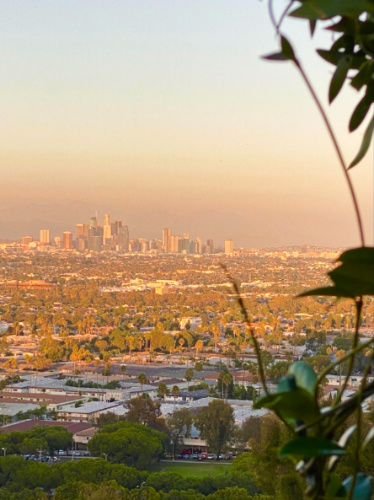 Overlooking view of downtown Los Angeles at sunset
