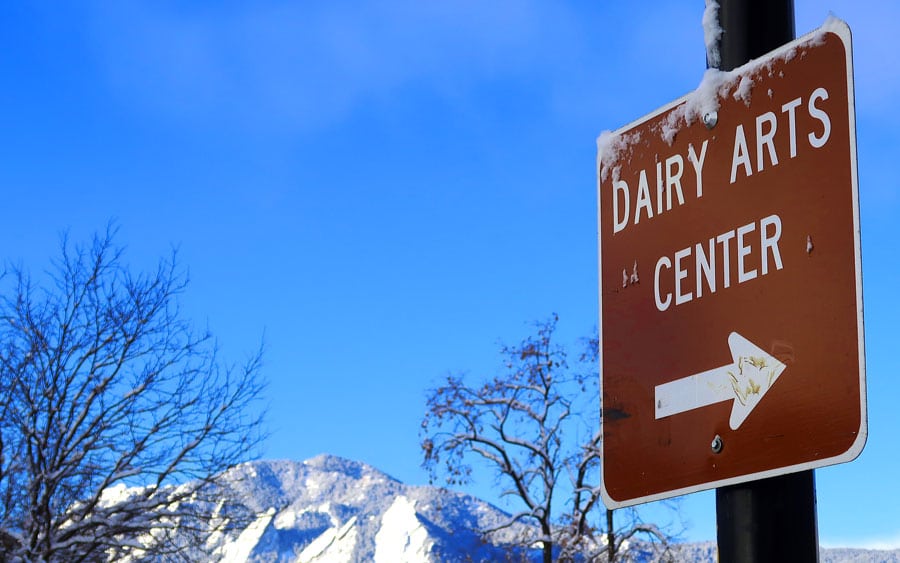 View of the Dairy Art Center sign with some snow on it