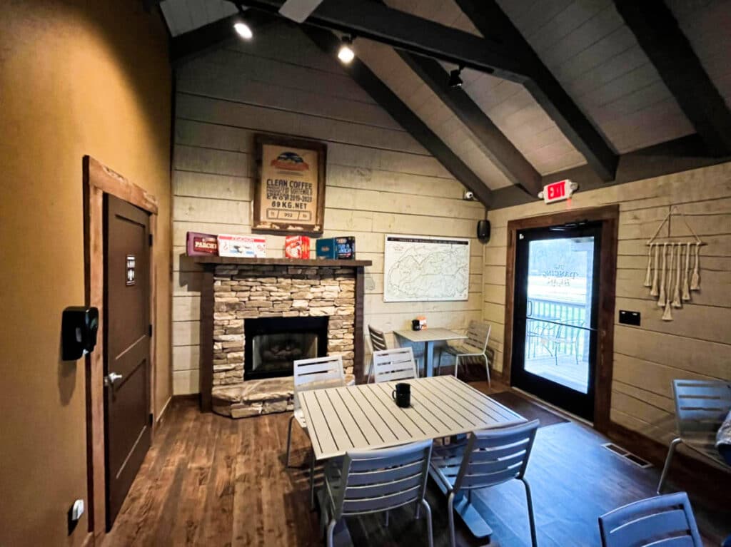 View of the cozy interior of Dancing Bean Coffee House in Townsend