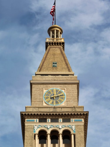 Closeup view of the Daniels and Fisher's Clock Tower