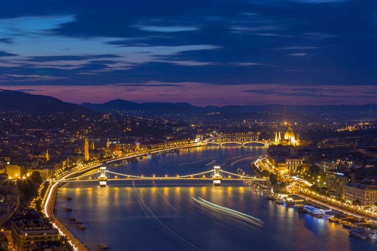 Aerial view of River Danube viewed from above at night