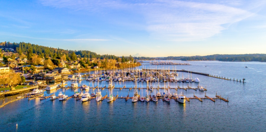 Boats in a harbor at Poulsbo Washington, one of the best day trips from Seattle