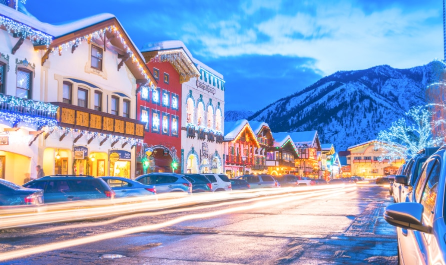View of downtown Leavenworth at night during Christmas season
