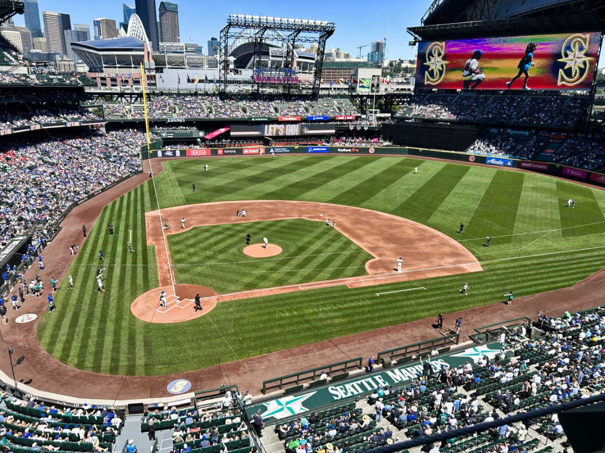 View of the Mariners playing on the field of T-Mobile Park in Seattle