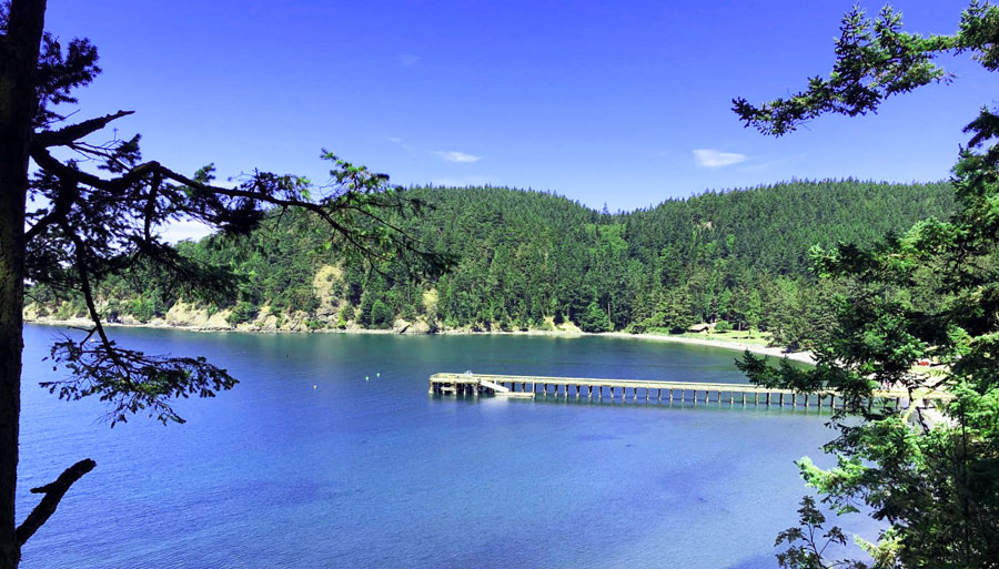 View of a blueish water and a pier in Deception Pass State Park