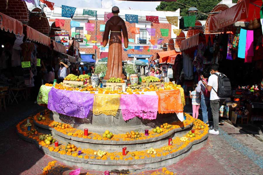 View of decorations in El Parian Market for Day of the Dead