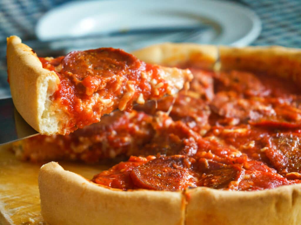Closeup look of the deep dish pizza from Pequod’s Pizza