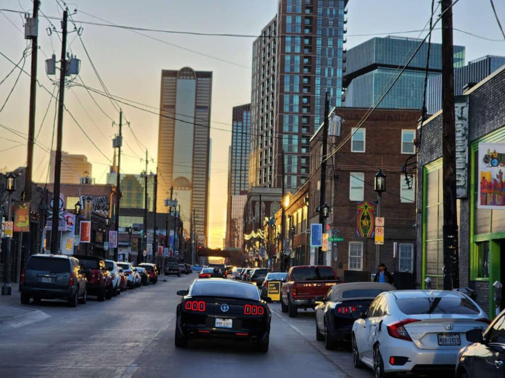 View of cars on a street in Deep Ellum