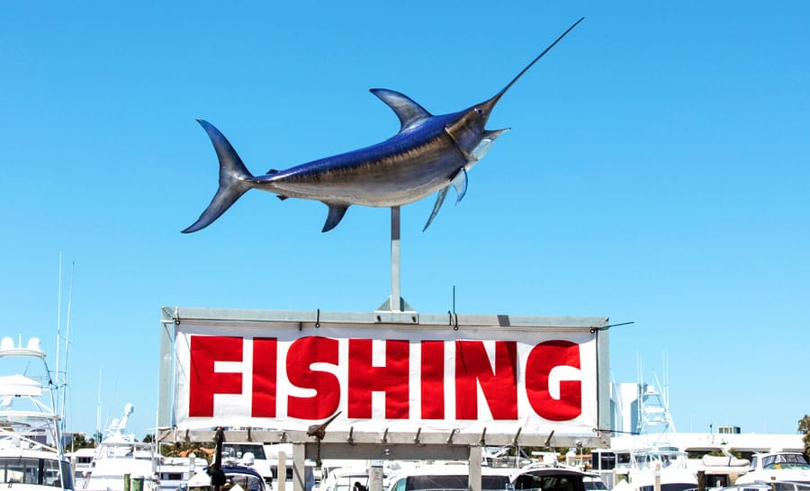 A spear fish on a sign for deep fishing in Fort Lauderdale