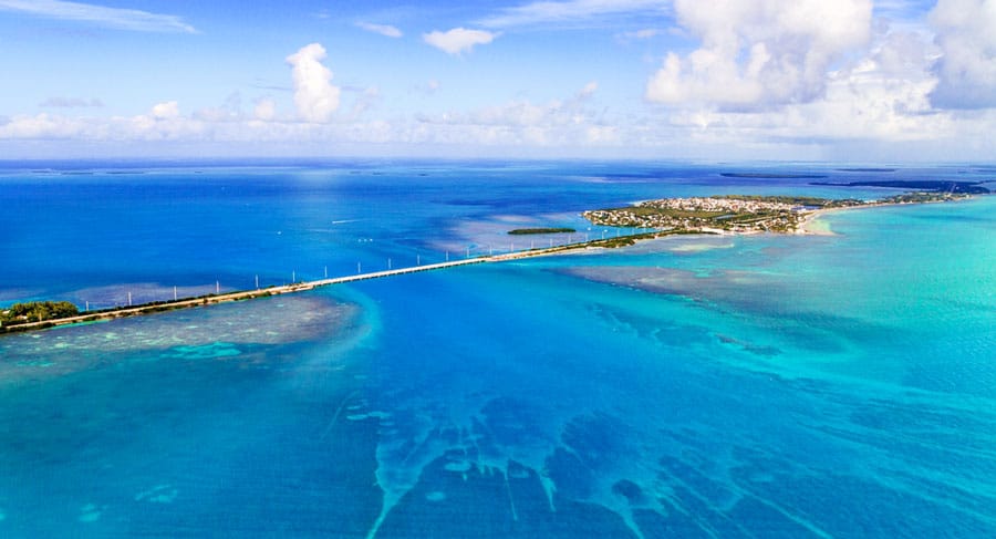 Aerial view of Florida Keys and a bridge
